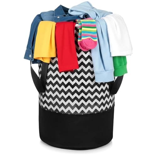 GLUN® 45L Round Laundry Basket – Non Woven Wave Print Foldable Cloth Storage Bag with Handles, Freestanding Organiser for Bedroom & Bathroom (36x36x45cm, Black & White, Pack of 1)