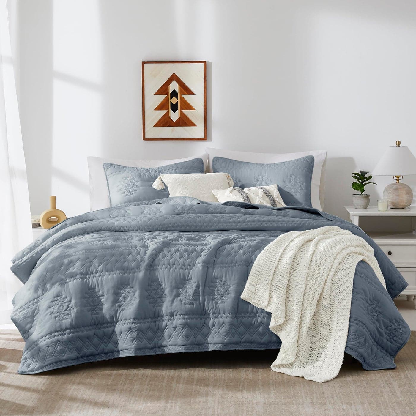 WDCOZY Boho Blue Grey Oversized California Cal King Size Quilt Bedding Sets with 2 Pillow Shams Farmhouse Lightweight Soft Bedspread Coverlet for All Season 116x106 inches