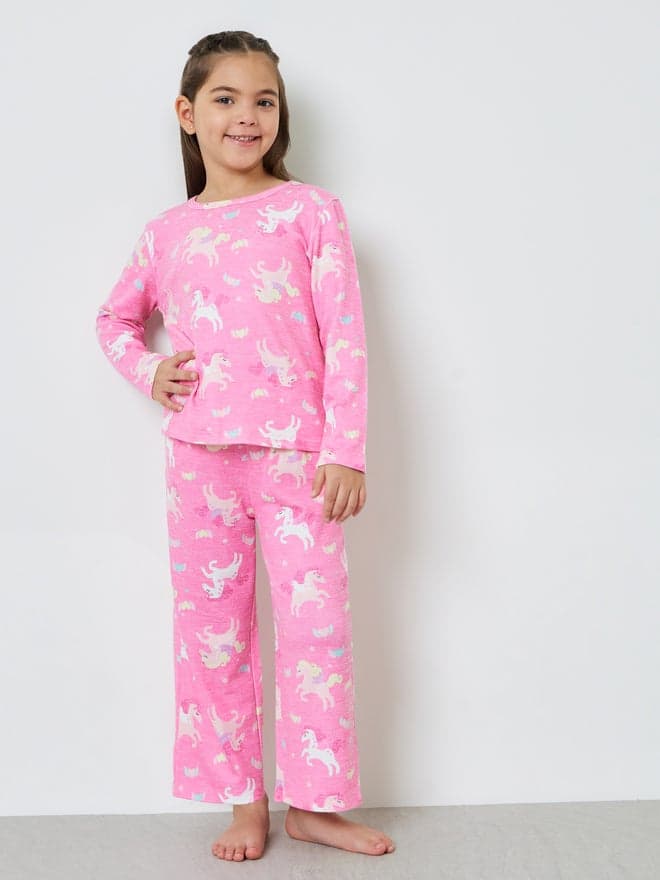 Styli Girls Printed Long Sleeves T-Shirt and Pyjama Set