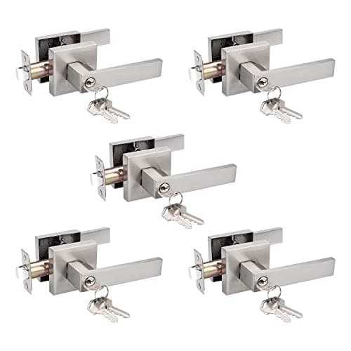 Probrico 5 Pack Interior Bedroom Entrance Door Lever Doorknobs Door Lock One Keyway Entry Keyed Alike Same Key Entrance Lockset in Satin Nickel Each with 3 Keys