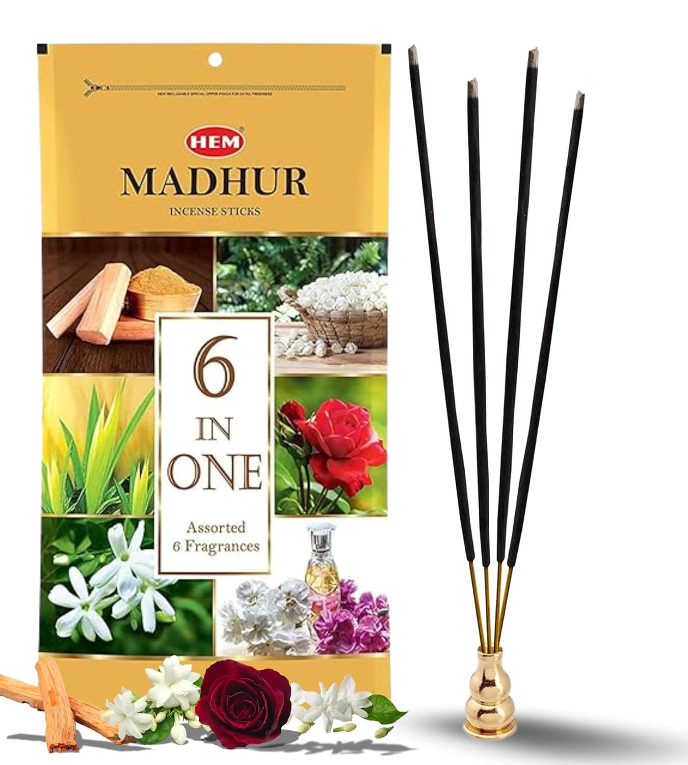 HEM Madhur Incense Sticks 6in1 Assorted Fragrances Sandal Mogra Jasmine Kewda Rose Intimate Long Burning Time 3540 Minutes Zip Pouch Packaging Approx 184 Sticks Pack of 2 480g