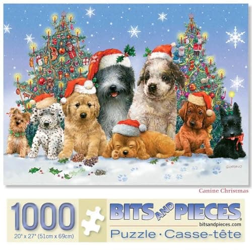 Bits and Pieces Canine Christmas Jigsaw Puzzle for Adults Festive Holiday Dogs and Puppies Puzzle by Giordano Studios Charming Winter Scene Random Cut Pieces 1000 Piece Puzzle 20 x 27