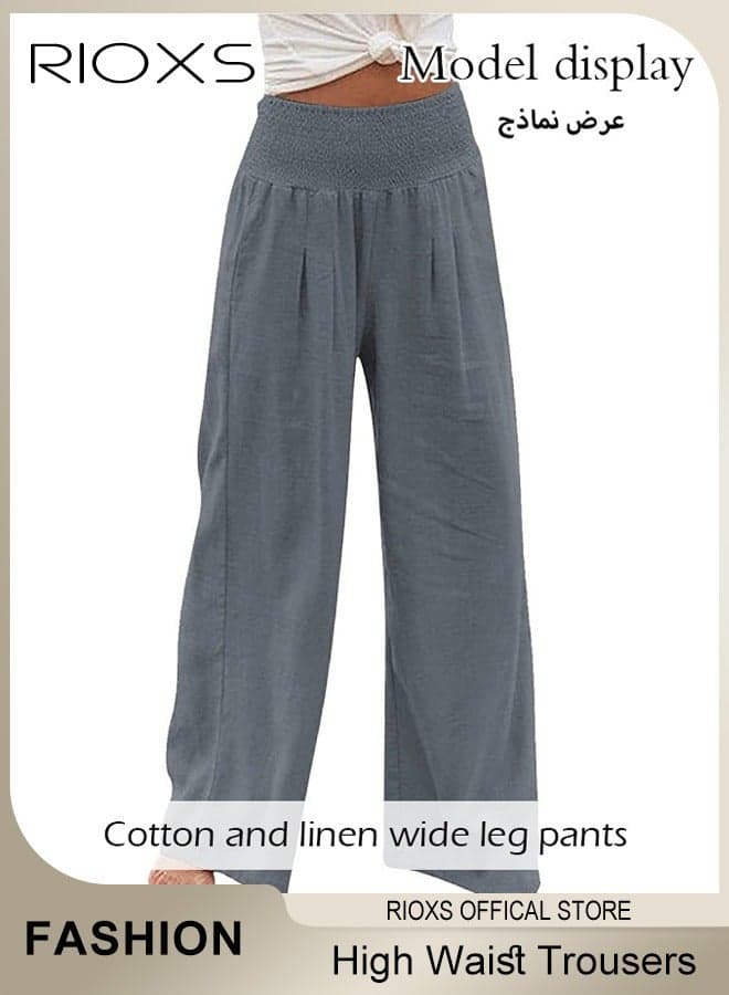 Women's Casual Wide Leg Pants Cotton Linen Trouser For Women Comfy Elastic High Waist Pant With Pockets Women's Loose Fit Dress Pants