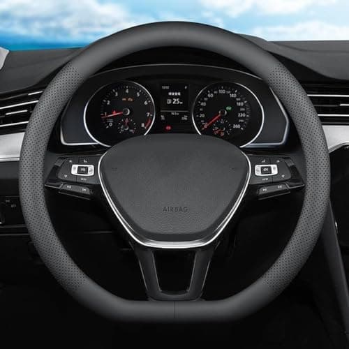 XHRING D-Shaped Car Steering Wheel Cover for Volkswagen VW Atlas Tiguan ID.4 Taos Passat Golf Jetta Beetle Polo GTI CC Touareg SE SEL R-line S Cross Sport Accessories, 2025 Leather Black