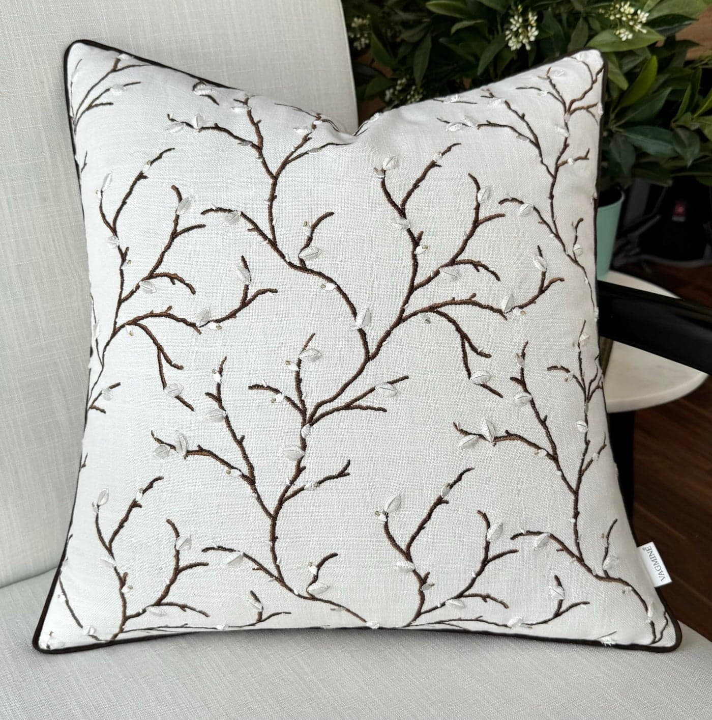 VAGMINE Embroidered Botanical Throw Pillow Cover 18x18 – Ivory Cotton Square Accent Cushion for Sofa, Bed & Living Room – Pussy Willow
