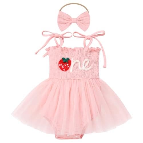 Strawberry First Birthday Outfit Girl, Baby Girl's 1st Birthday Outfit I'm One Year Old Party Cake Smash Photo Shooting Sleeveless Strap Tutu Princess Romper Dress Summer Sunsuit Pink Berry 6-12M