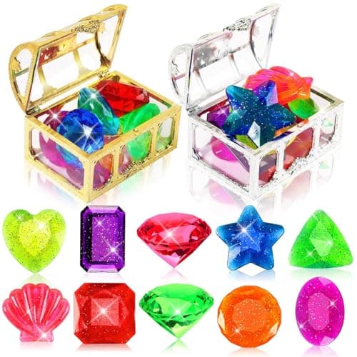 MARFOREVER 22 Pcs Diving Gem Pool Toys Colorful Large Acrylic Diamond Pool Gems with 2 Pirate Treasure Chest Boxes Dive Throw Toys for Summer Swim Underwater Training Game Birthday Gift Prizes