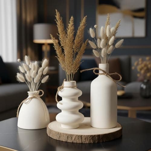 PUREZENTO KONSO Family White Ceramic Vase - Set of 3 | Unique Shape Vases for Modern Home Decor, Shelves, Coffee Tables, Living Room | Vase for Pampas Grass, Dried, and Artificial Flowers
