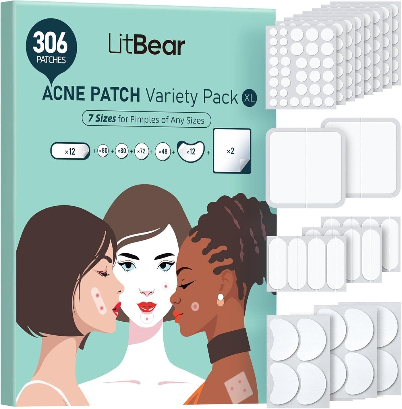 LitBear Large Pimple Patches 7 Sizes 306 Patches Big Acne Patches XL Hydrocolloid Bandages for Full Face Forehead Chin Nose Body Back Neck Chest Oval Moon Square hydrocolloid Patch