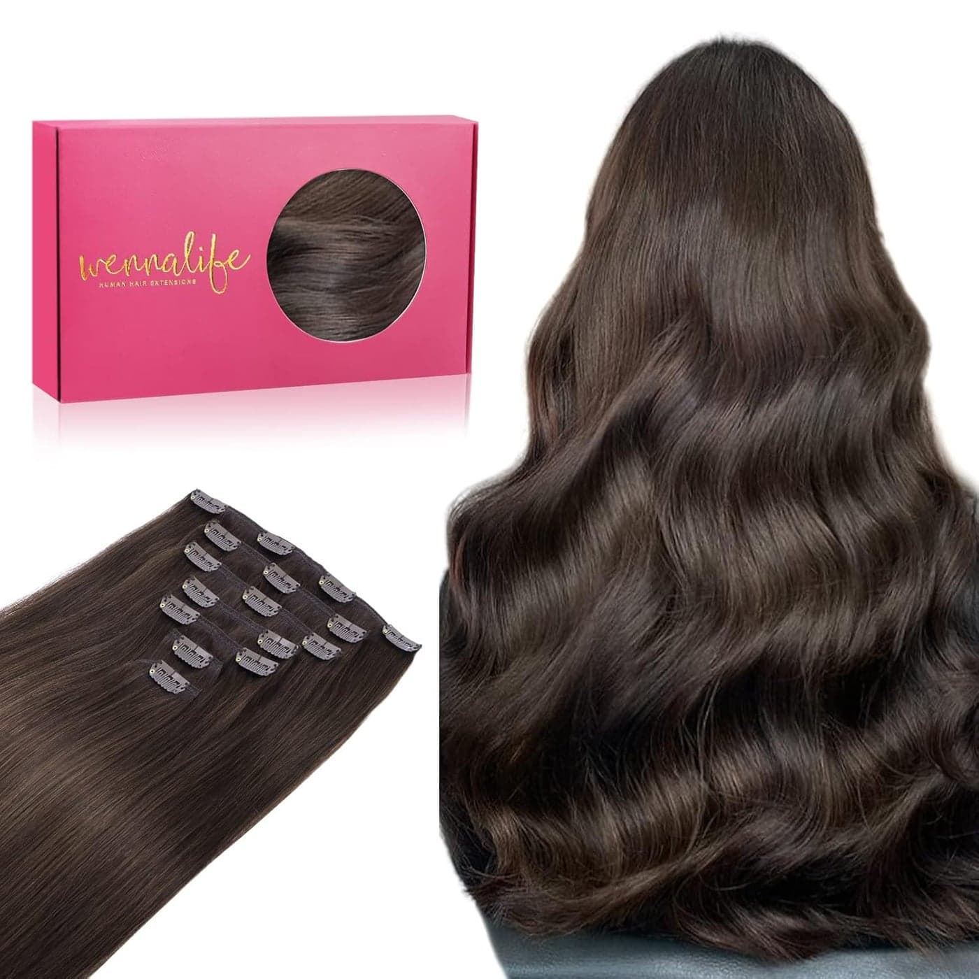 WENNALIFE Clip in Hair Extensions Real Human Hair 16 Inch 120g 7pcs Light Dark Brown Hair Extensions Clip in Human Hair Remy Clip in Hair Extensions Real Human Hair Double Weft