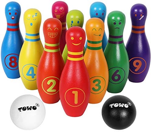 TOWO Wooden Skittles for Children Skittle Set with 10 Facial Expressions and Numbers 10 Pin Bowling Set for Kids Garden Toys Wooden Toys for 2 Year Old