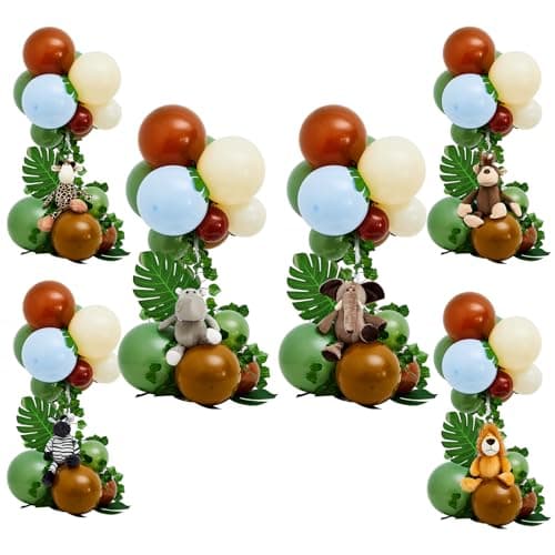 6 Sets of Safari Baby Shower Decorations Centerpieces Balloons Stand Kit with Plush Jungle Animals Doll and Leafs Wild Animals Decor for Boys Kids Nursery Wild Forest Theme Birthday Party Supplies