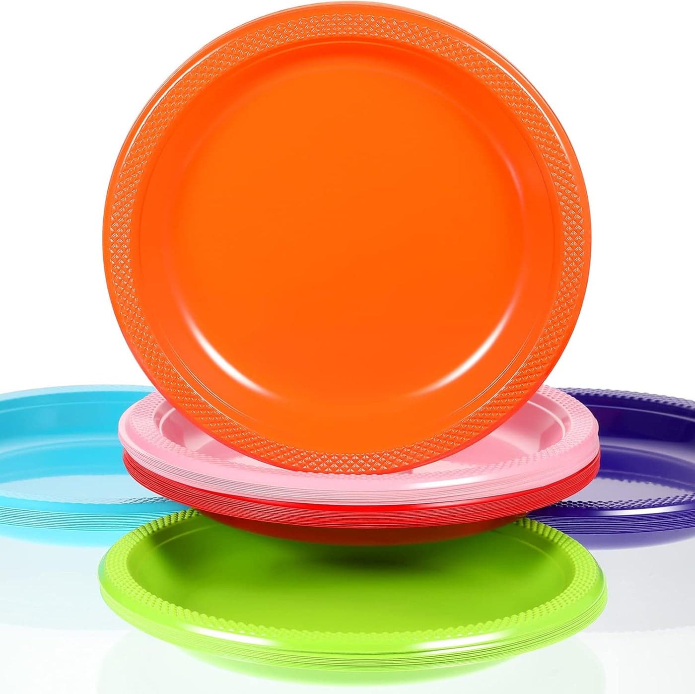 Geiserailie 120 Pcs Plastic Plates Colorful Neon Disposable Fiesta Dinner Rainbow Plates Party Round Dessert Trays for Kitchen Special Event Weddings Birthdays SuppliesMulti Colors