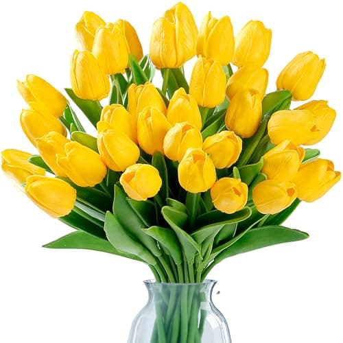 Sggvecsy 15 Pcs Fake Tulips Artificial Flowers Real Touch PU Faux Flowers Tulip Stems for Wedding Spring Bouquet Floral Arrangement Home Party Office Decorations for Mother's Day (Dark Yellow)