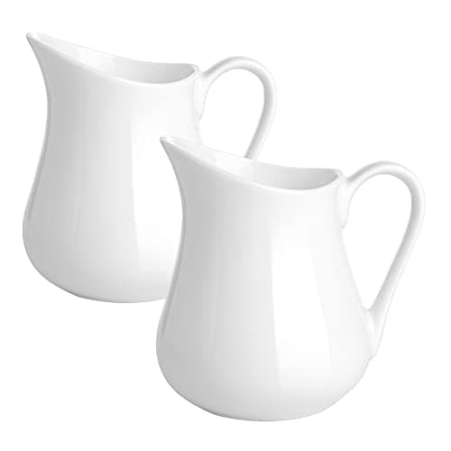 Gurygo 2 Pack 8 oz Ceramic Creamer Pitcher Set with Handle, Small Classic White Milk Container, Fine Porcelain Creamer Pitcher for Coffee Milk Sauces Salad, Microwave & Freezer Safe