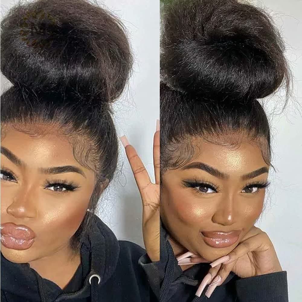 ten chopsticks Kinky Straight Hair Wig 360 HD Transparent Lace Front Wig Human Hair Wigs 150 Density Yaki Straight Human Hair Wig for Women Full End Glueless Brazilian Hair 360 HD Lace Wig 16 inch