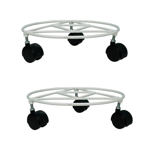 BonKaso Round Metal Plant Stand (Set of 2) with Wheels for Indoor & Outdoor Use (25.4x25.4x7.6 cm) | Heavy Duty Flower Pot Holder | Holds Up to 50kg | Corner Plant Rack for Heavy Plants - White