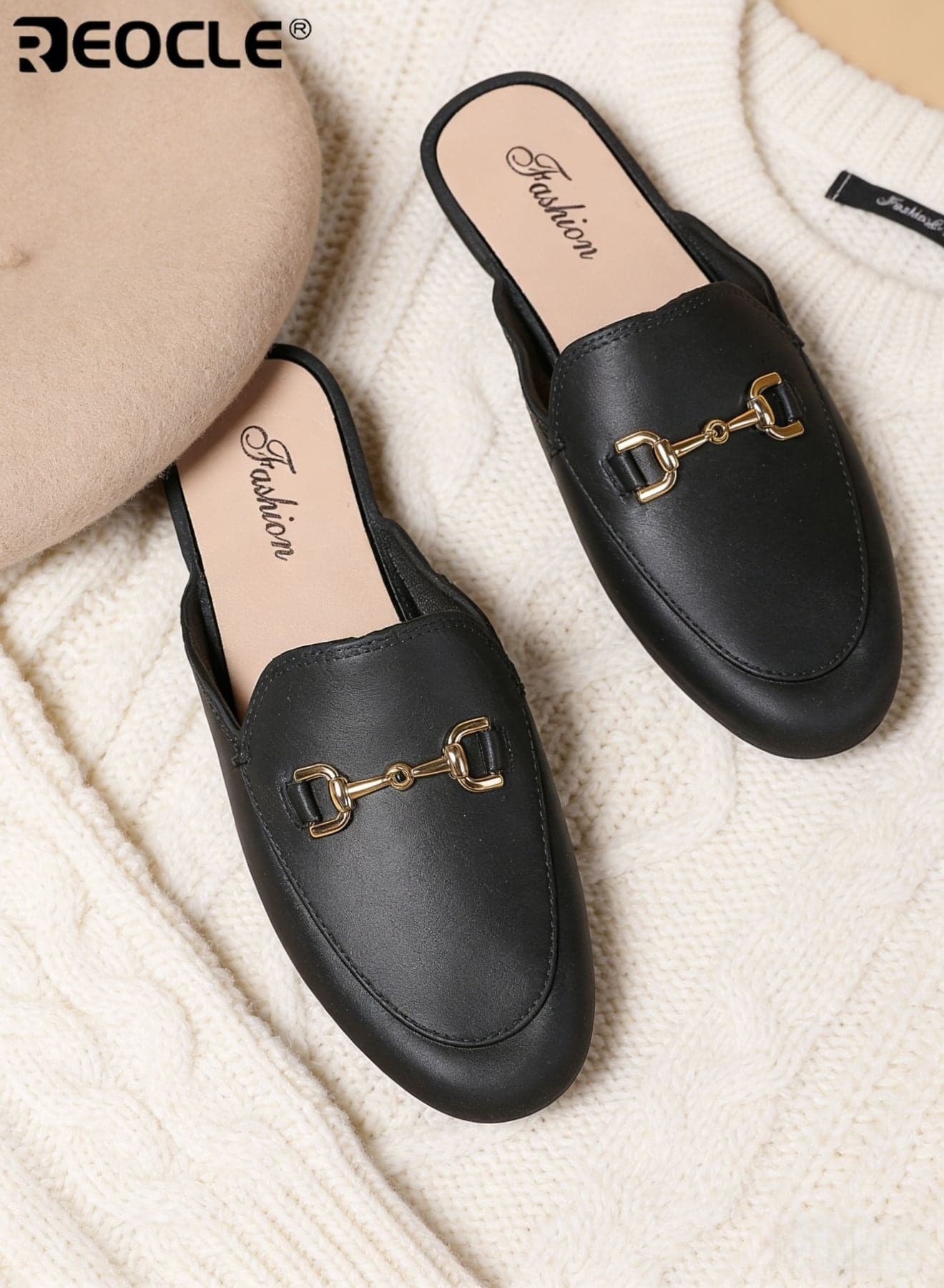 Women's Elegant Backless Mules with Metal Horsebit Detail Slip-On Closed Toe Loafer Flats for Daily and Office Styling