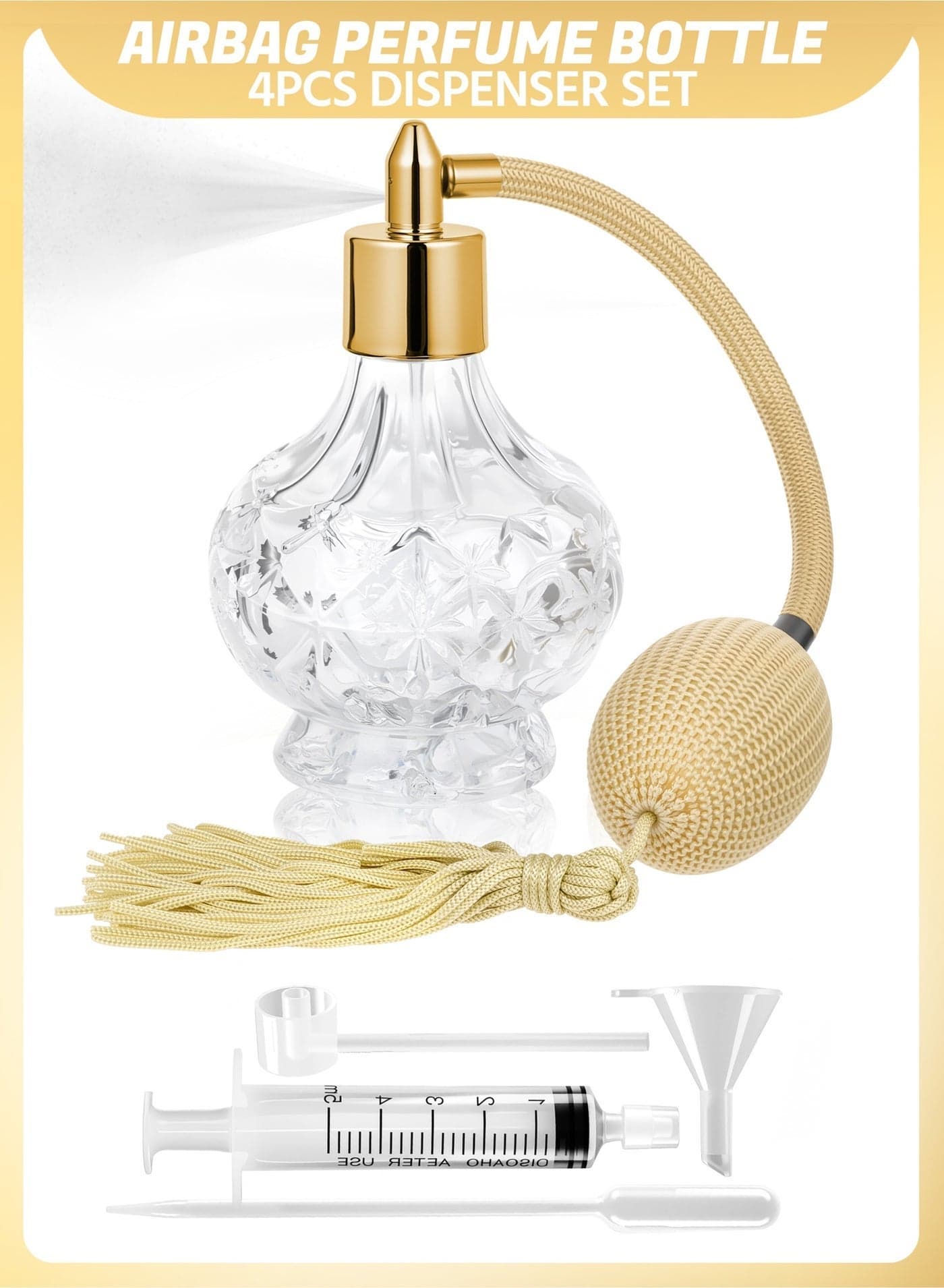 80ml Perfume Spray Bottle, Gold Long Tassels Refillable Glass Perfume Atomizer For Liquid Cosmetics Home Decor Comes With 4 Dispensing Tools (Adapter/Dropper/Funnel/Syringe Extractor)