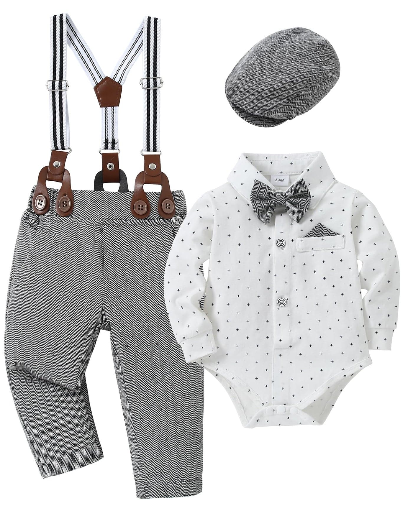 YALLET Baby Boy Clothes Suit, Infant Gentleman Outfits Printed Dress Shirt+Bowtie+Beret Hat+Detachable Suspender Pants 0-18M