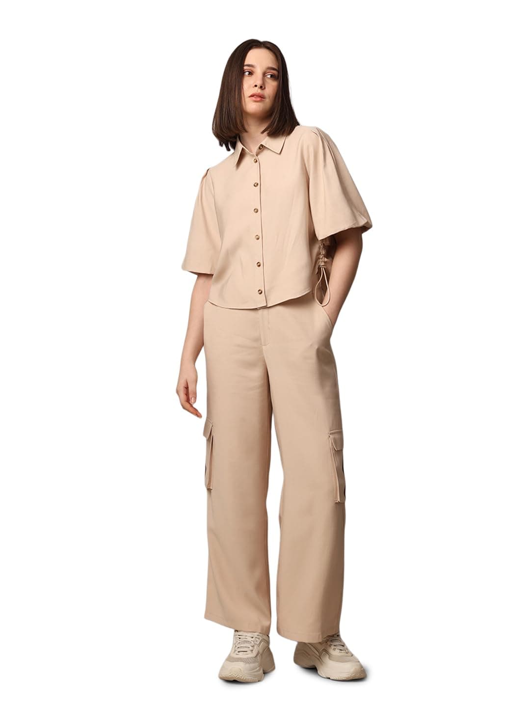 ONLY Women Solid Regular Fit Casual Spread Collar Beige Shirt