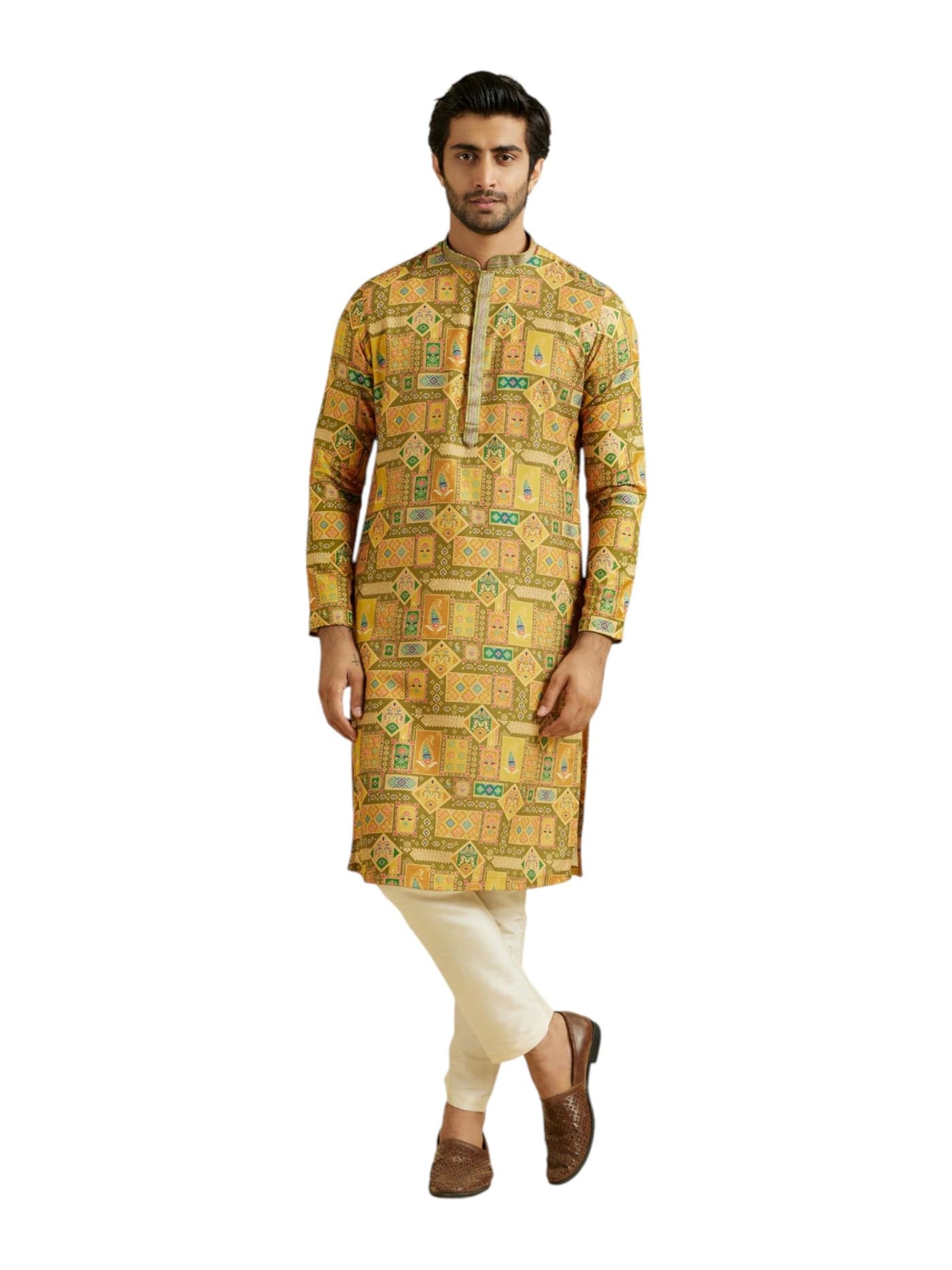 Manyavar Men's Art Silk Printed Kurta Pyjama Set (Mehndi Green,L)
