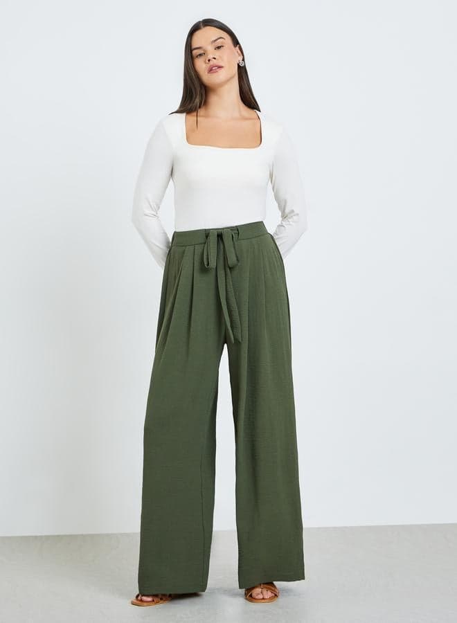 Dark Green Pleated Wide Leg Pants with Drawstring