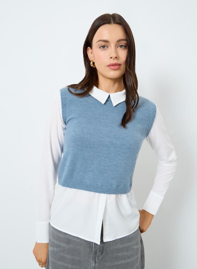 Blue Sleeveless Vest with Shirt Top