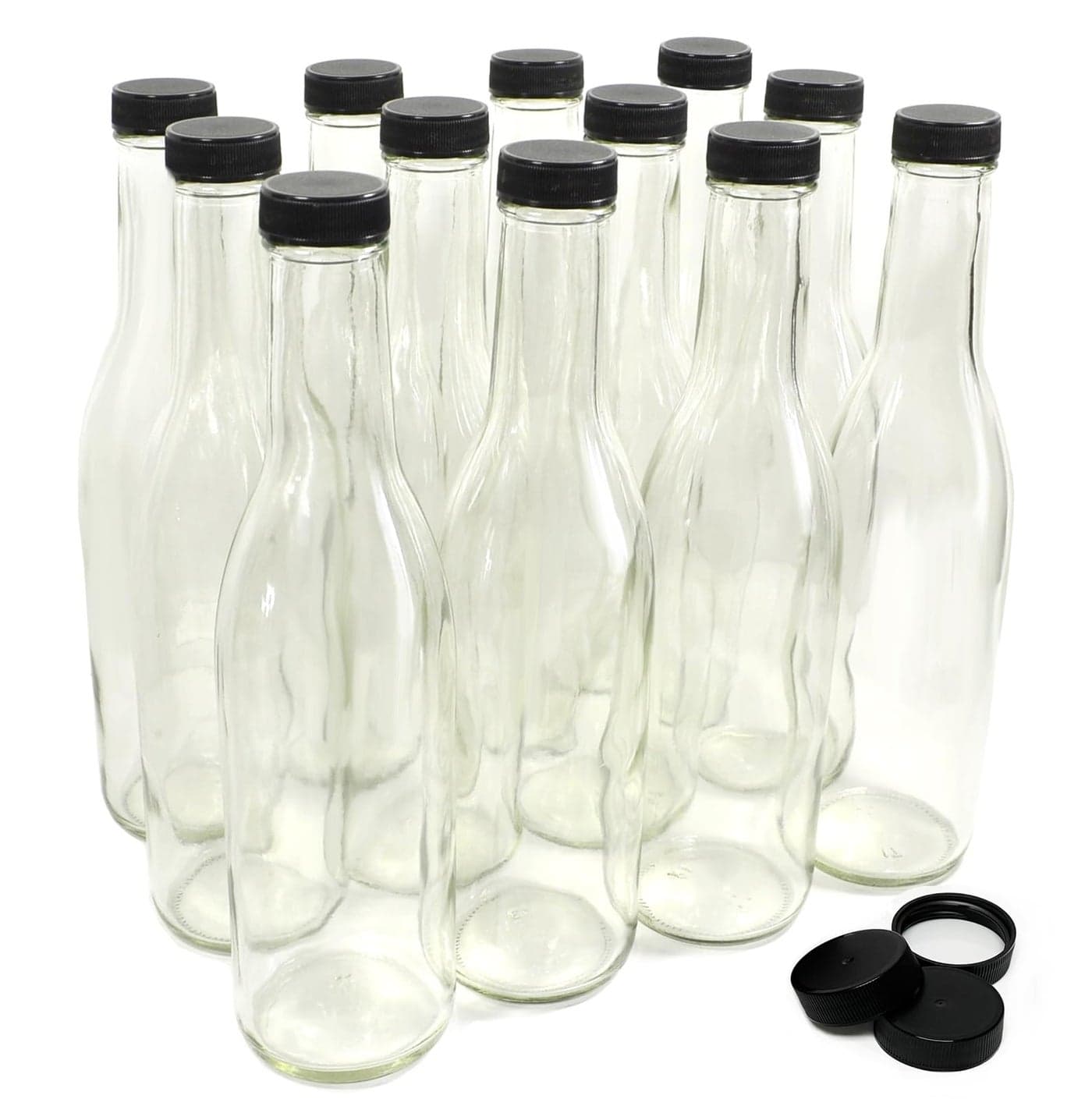 nicebottles Clear Glass Woozy Bottles, 12 Oz (375ml) - Case of 12 Lovely Bottles Packed in Sturdy Box with 15 Black Screw Caps (Yes, That's 3 Extra Caps!)