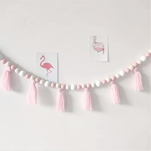 SayasNoy 59 in Boho Tassel Garland - Pink & Tassel Wood Bead Decor for Girls Room, Living Room, or Bedroom