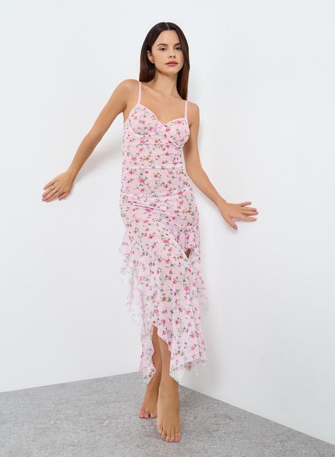 Floral Printed Wired Bra Ruffle Hem Detail Mesh Split Cami Dress with Thong Set