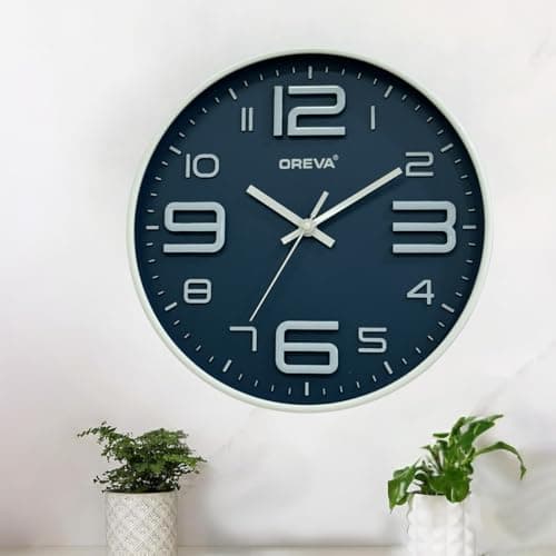 OREVA 12 Inch Round Fancy Embossed Number Dial Contemporary Stylish Quartz Clocks Modern Analog Silent Wall Clock for Living Room Bedroom Latest Home Décor Office AQ-9497SS (Blue)