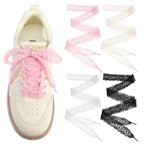 YBEATY 6 Pairs Lace Fancy Shoelaces 3CM Wide Flat Soft Lace Shoe Strings Sneakers Hollow Lacy Ribbon Laces for Women Girls (White+beige+black+pink)