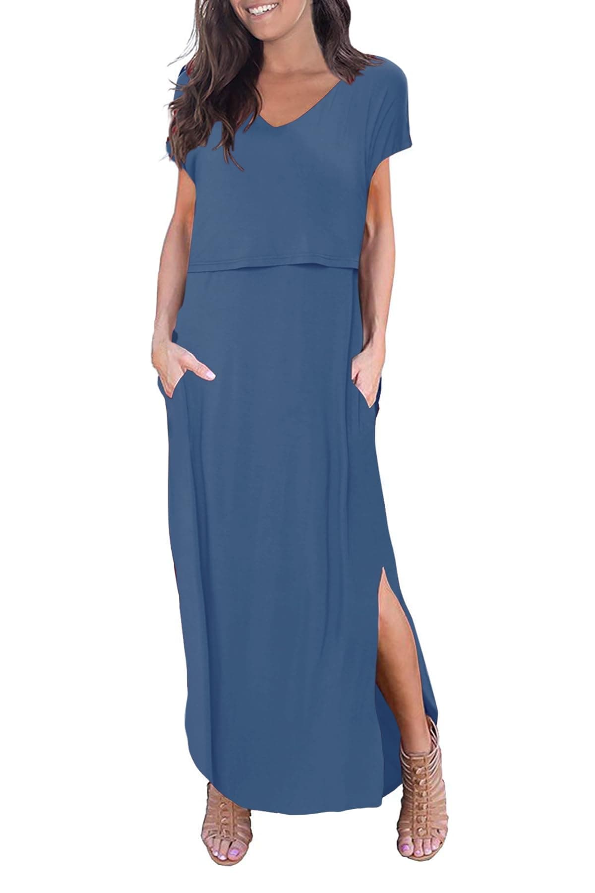 Smallshow Womens Maternity Nursing Dresses Split Long Dress for Breastfeeding XLarge Dusty Blue