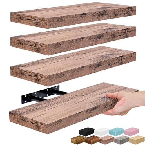Sorbus Floating Shelves for Wall – 16 Inch Floating Shelf for Kitchen, Bedroom, Living Room, Bathroom, Home & Wall Decor - Mounted Bathroom Shelves with Invisible Brackets (Mahogany, 4 Pack)