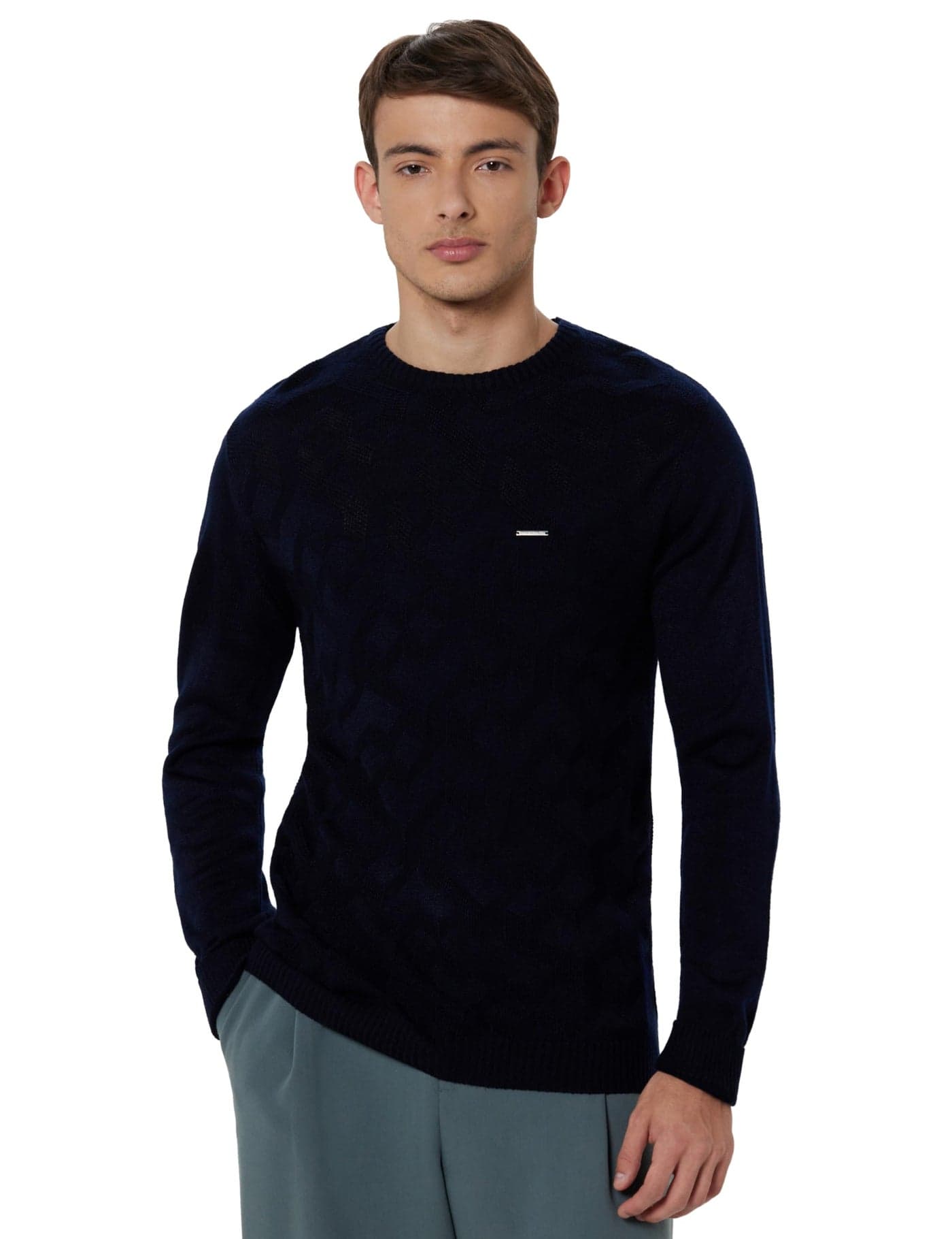 Men Navy Textured Crew Neck Sweater