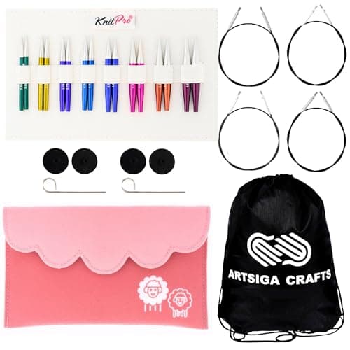 KnitPro Zing Mini Set 2 inch Circular Knitting Needles Size 25 4 5 6 7 8 9 10 Interchangeable 4 Cables 4 Caps 2 Keys Fabric Case with Project Bag
