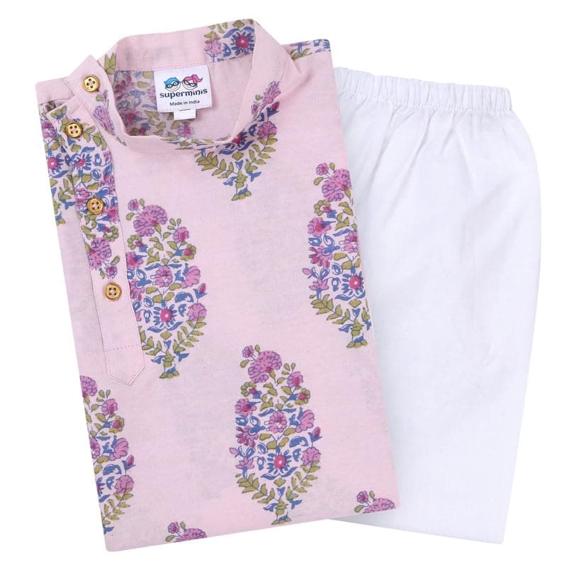 superminis Boys Cotton Full Sleeves Side Open Sanganeri Printed Kurta With Pyjama Set (6-12 Months, Pink)