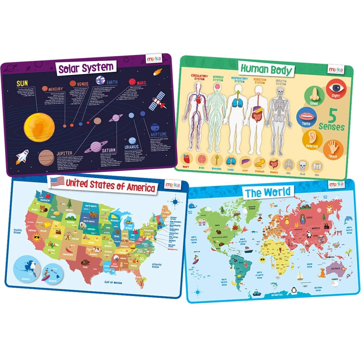 Merka Placemats for Kids 4 Pack Educational Placemats for Dining Table NoSlip Washable Reusable Learning Solar System Human Body Chart World Geography and USA Map