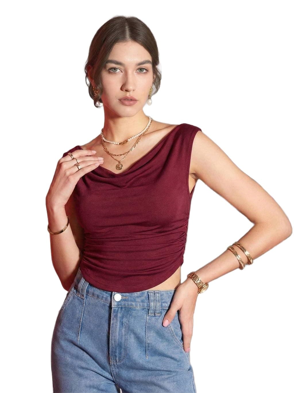 Istyle Can Women’s Solid Stretchable Draped Crop Top | Asymmetric Hem | Cowl Neck | Sleeveless Off-Shoulder/One-Shoulder Top | Stylish Party & Casual Wear (in, Alpha, S, Regular, Maroon)