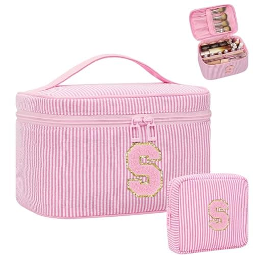 MONSTINA Initial Makeup Bags for WomenCosmetic Bag for Travel Toiletry Birthday Gifts for 11 12 13 14 15 16 17 18 Years Old Girls Graduation Teen Girl Gifts Trendy Stuff Teacher GiftPink S