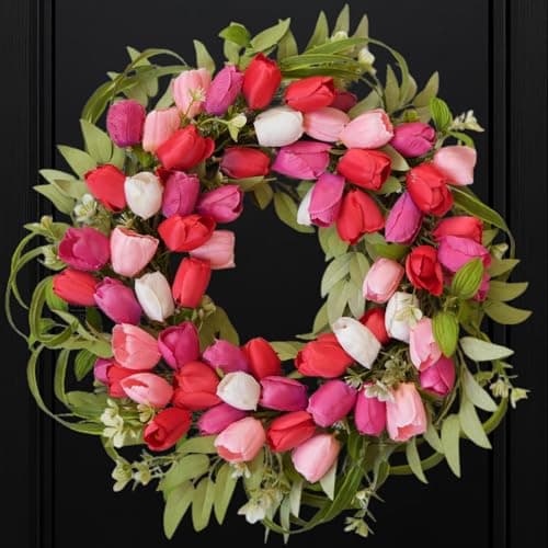 Bibelot 20 Inch Spring Tulip Wreath for Front Door, Pink White Tulip Floral Spring Door Wreath, Outdoor Wreaths for Wedding Festival Decorations