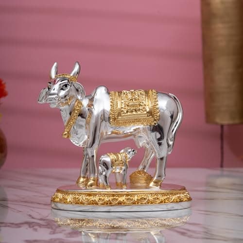 Idolkart 24 Carat Gold and 999 Silver Plated Kamdhenu Cow and Calf Statue - Kamdhenu Cow with Calf Vastu, Vaastu Positive Energy Items for Home - Offers Wealth, Prosperity, Health, Peace (5 inch)
