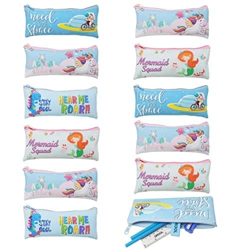 PARTEET Silicone Birthday Party Return Gift - 12Pc Cartoon Printed Multipurpose Pouches with Stationery for Kids (Assorted Design), Multicolor