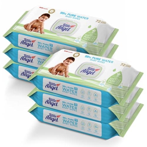 Little Angel 99% Pure Water Baby Wipes with Lid, 432 count, Enriched with Chamomile Extracts & Vitamin E, Plant Based Fabric, 72 pcs/pack (Pack of 6)