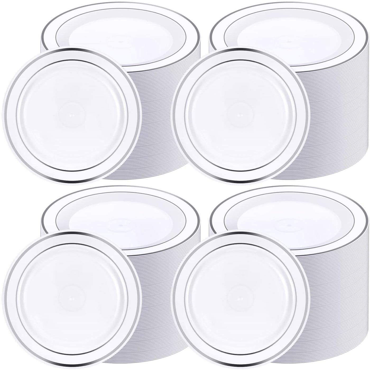 200 Pieces Disposable Plates Plastic Party Plates with Rim Hard Plastic Appetizer Salad Dessert 75 Inch Elegant Heavy Duty Tableware for Dinner Wedding Party SuppliesSilver Rim