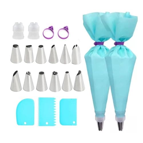 Piping Bags and Nozzles Set - 21 PCS Reusable Cake Piping Kit with 12 Stainless Steel Icing Nozzles, 2 EVA Icing Bags, 3 Scrapers, 2 Couplers, 2 Bag Ties - Ideal Cake Decorating Kit for Cakes