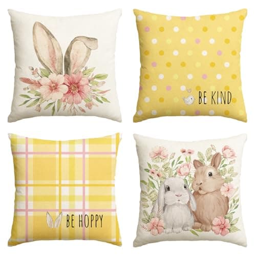 AVOIN colorlife Easter Rabbit Flower Buffalo Plaid Be Hoppy Yellow Throw Pillow Cover 18 x 18 Inch Polka Dot Bird Be Kind Cushion Case Decoration for Sofa Couch Set of 4