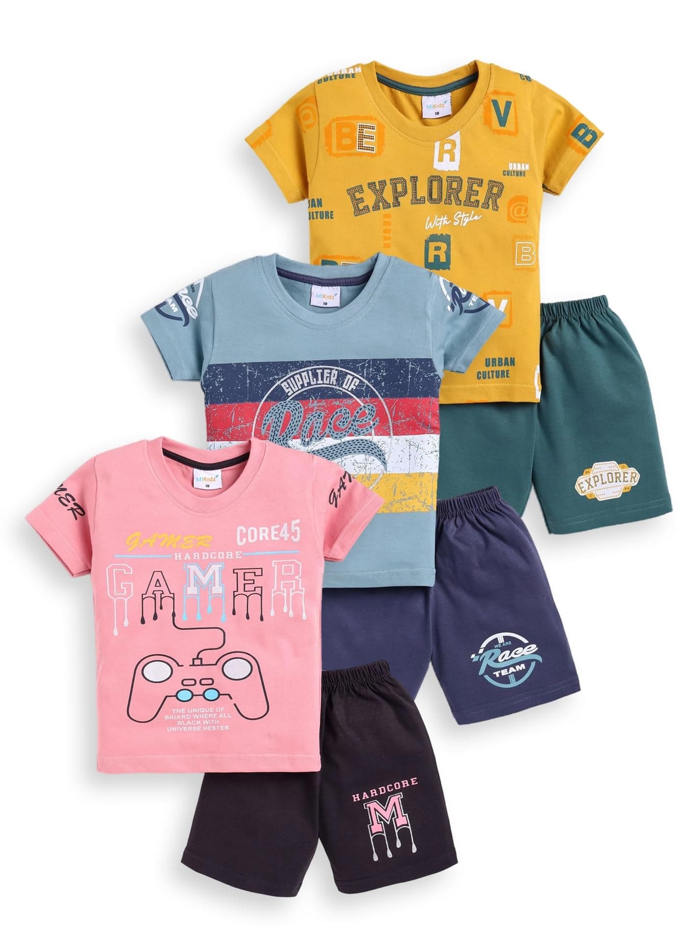MI Kidz Unisex-Child Cotton Printed Explorer T-Shirt and Shorts Set, Short Sleeves Shirt, Above Knee Length Shorts (18-24 Months, Mustard) (4-5 years, Mustard Wine Sea Green)