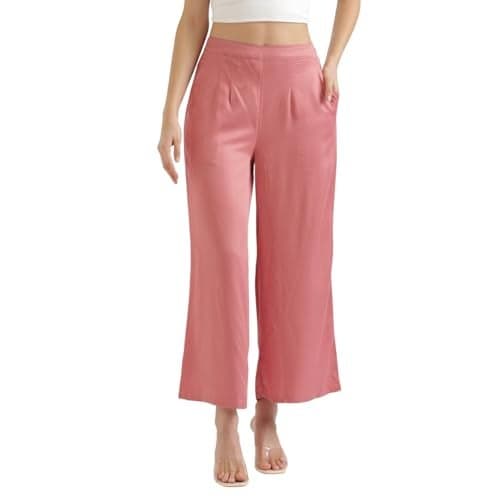 SAADAA Palazzo Pants for Women Half-Elasticated Waistband | Palazzo for Women in Soft Viscose Fabric | Regular Fit with Mid Rise Waist & Deep Pockets | Versatile for Formal & Casual Wear Rose